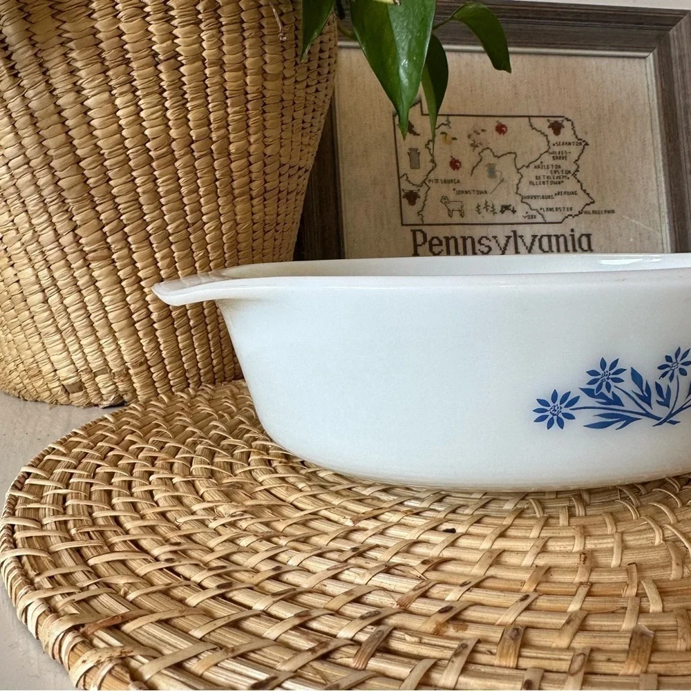 Vintage Anchor Hocking Blue Cornflower Milk Glass Casserole Dish